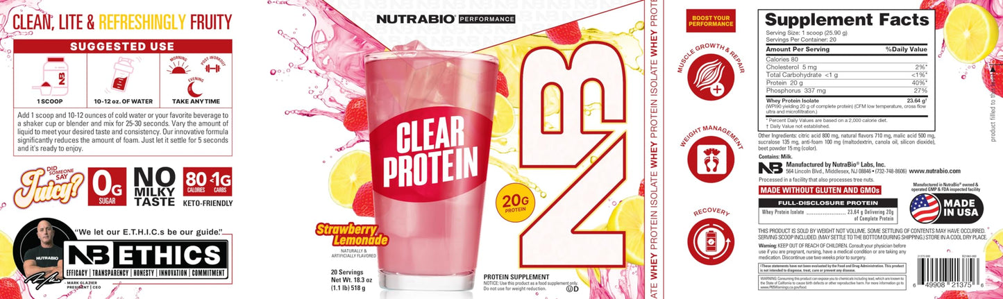 NutraBio Clear Whey Isolate Protein Powder, Delicious & Refreshing Fruit Flavors, Protein Juice, No Milky Taste, No Foam, Zero Sugar, Watermelon Breeze, 20 Servings