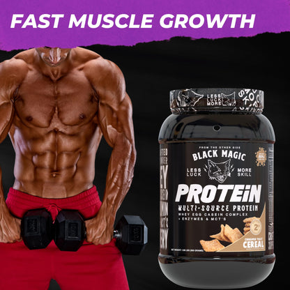 Worldwide Nutrition Bundle: Black Magic Multi-Source Protein Powder Whey, Egg Albumin Enzymes, Micellar Casein & MCTs Muscle Mass Gaining Cinnamon Toast Flavor - 2 LB & Multi-Purpose Keychain