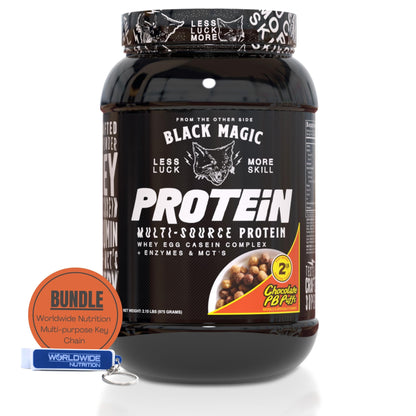 Worldwide Nutrition Bundle: Black Magic Multi-Source Protein Powder Whey, Egg Albumin Enzymes, Micellar Casein & MCTs Muscle Mass Gaining Cinnamon Toast Flavor - 2 LB & Multi-Purpose Keychain