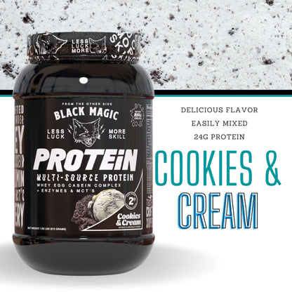 Worldwide Nutrition Bundle: Black Magic Multi-Source Protein Powder Whey, Egg Albumin Enzymes, Micellar Casein & MCTs Muscle Mass Gaining Cinnamon Toast Flavor - 2 LB & Multi-Purpose Keychain