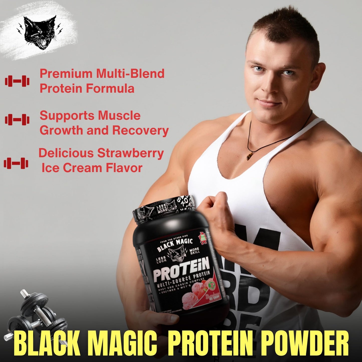 Worldwide Nutrition Bundle: Black Magic Multi-Source Protein Powder Whey, Egg Albumin Enzymes, Micellar Casein & MCTs Muscle Mass Gaining Cinnamon Toast Flavor - 2 LB & Multi-Purpose Keychain