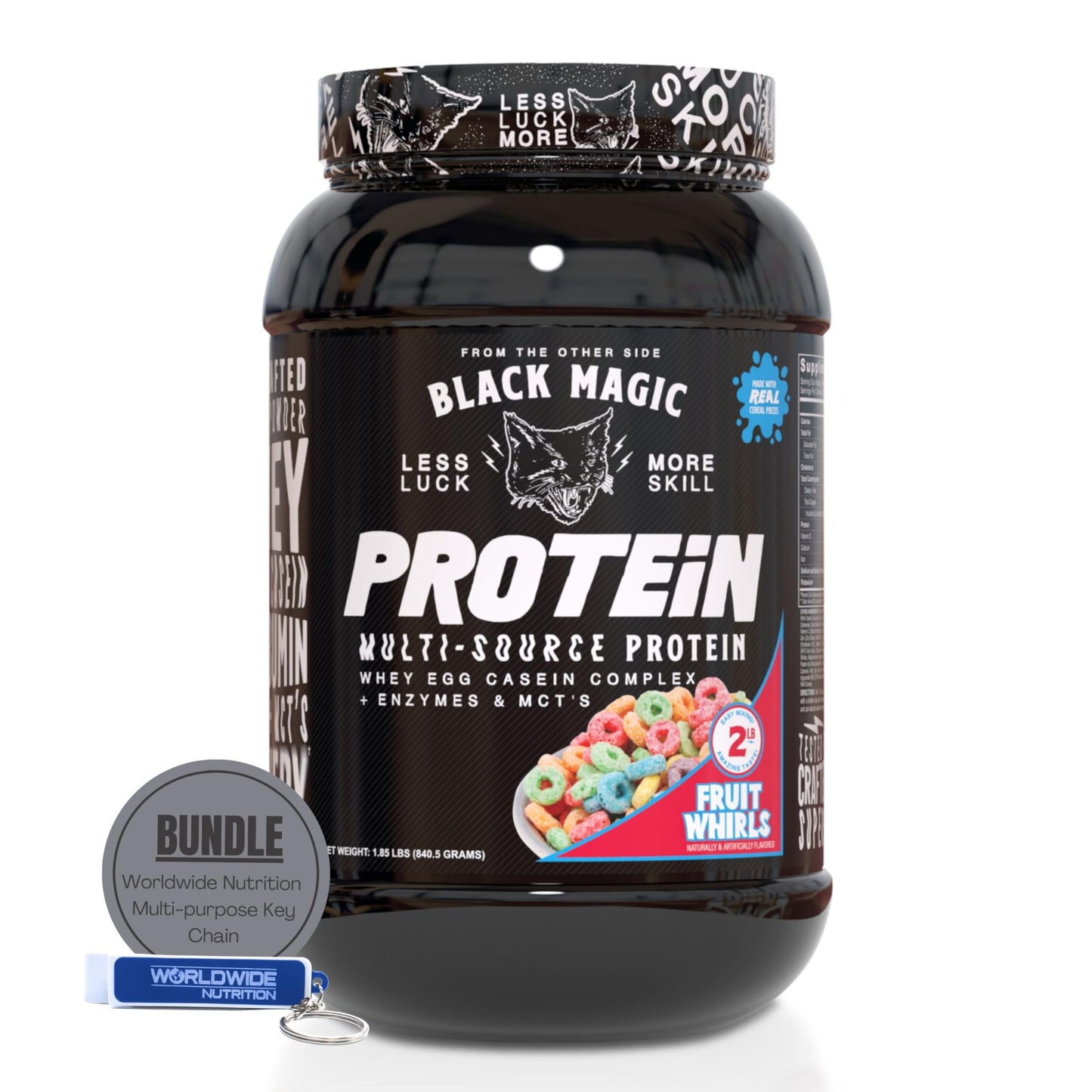 Worldwide Nutrition Bundle: Black Magic Multi-Source Protein Powder Whey, Egg Albumin Enzymes, Micellar Casein & MCTs Muscle Mass Gaining Cinnamon Toast Flavor - 2 LB & Multi-Purpose Keychain