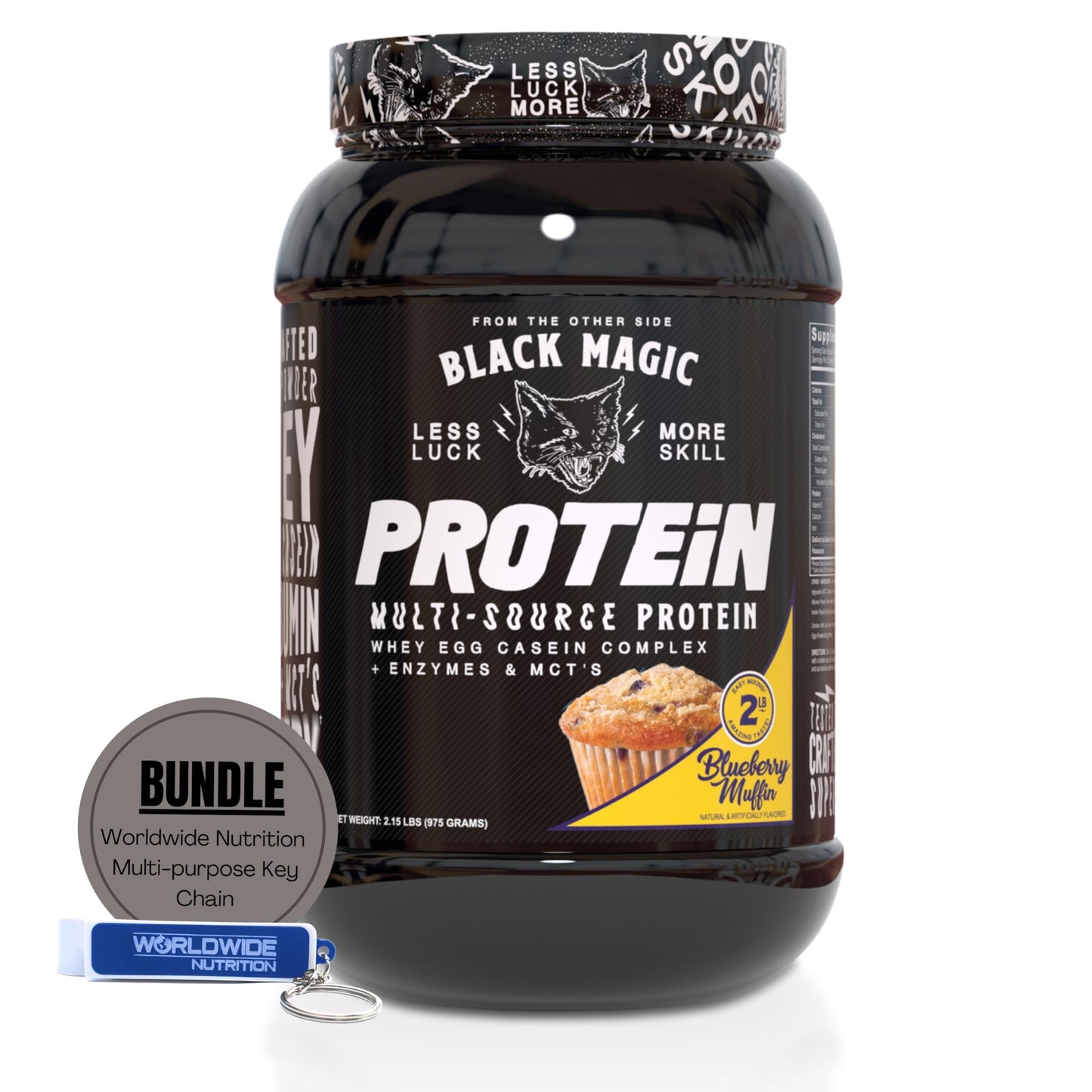 Worldwide Nutrition Bundle: Black Magic Multi-Source Protein Powder Whey, Egg Albumin Enzymes, Micellar Casein & MCTs Muscle Mass Gaining Cinnamon Toast Flavor - 2 LB & Multi-Purpose Keychain