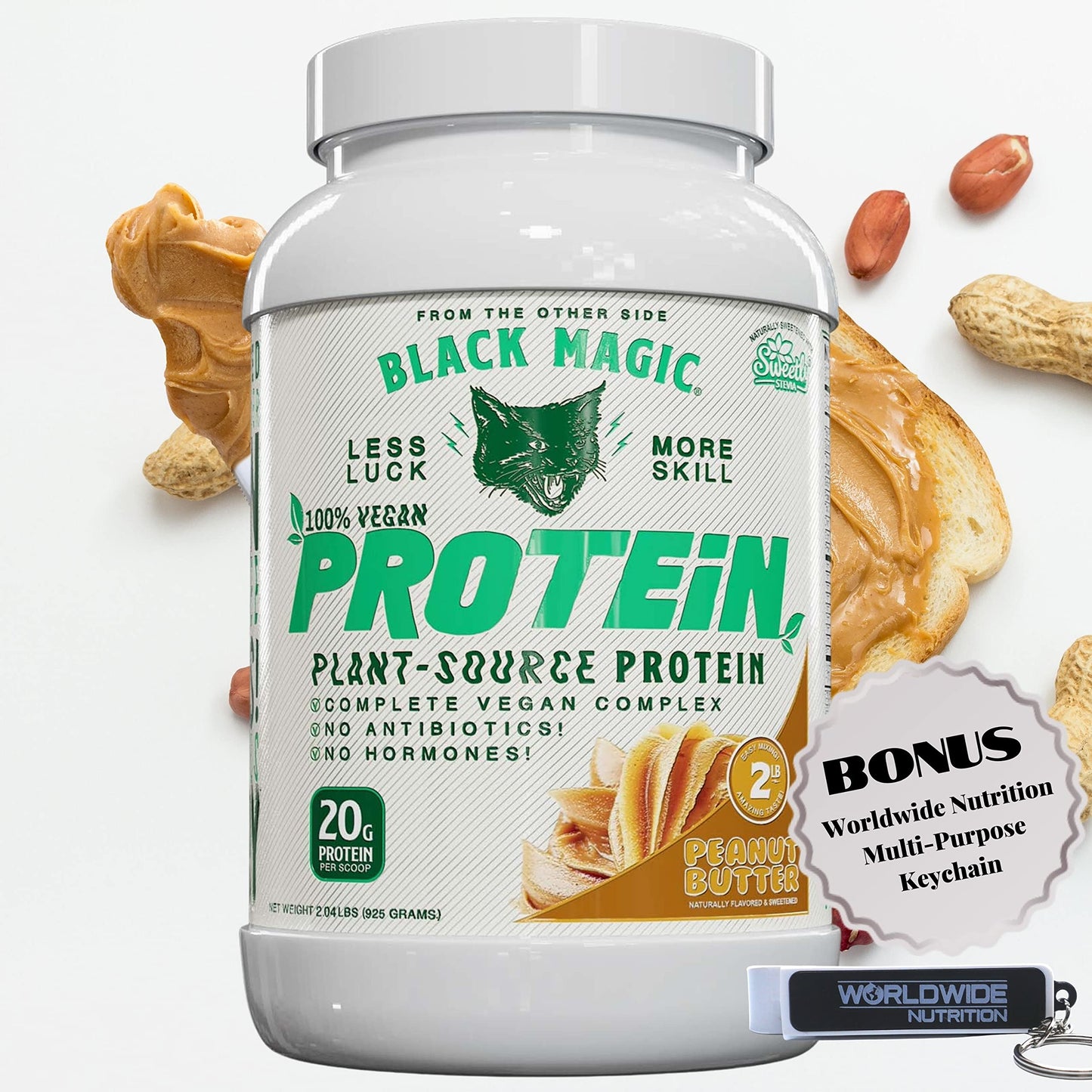 Worldwide Nutrition Bundle: Black Magic Multi-Source Protein - Whey, Egg, and Casein Complex with Enzymes & MCT Powder - Vegan Peanut Butter Protein Powder - 2 LB with Bonus Key Chain